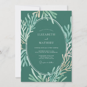Invitación Boda de coral eucalipto espuma de mar profunda