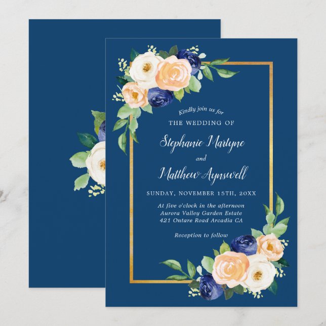Invitación Boda de Coral Floral Azul Azul Marina (Anverso / Reverso)
