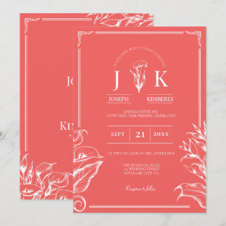 Invitación Boda de Coral Floral Boho Clásico Elegante