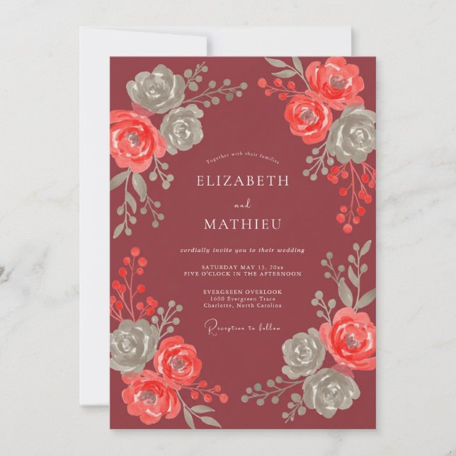 Invitación Boda de Coral Granate Foliage Eucalipto (Anverso)