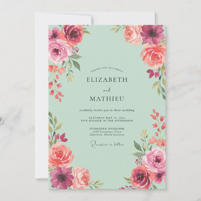 Invitación Boda de Coral Magenta Peonía (Anverso)