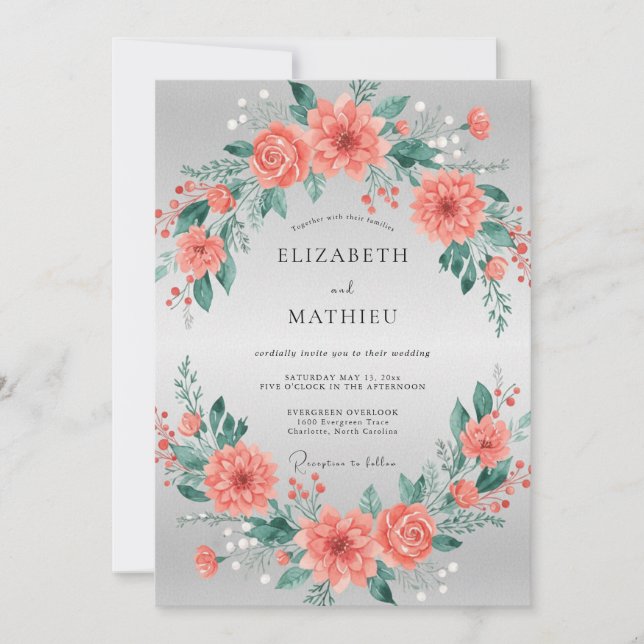 Invitación Boda de Coral Melocotón Peonía (Anverso)