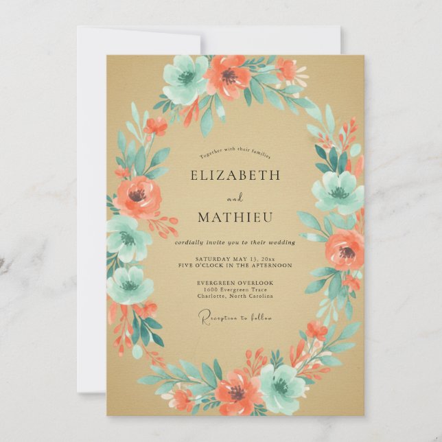 Invitación Boda de Coral Muted Aqua Peonía (Anverso)
