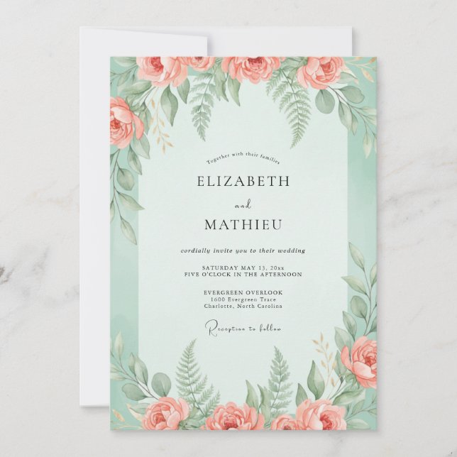 Invitación Boda de Coral Peonía con Menta (Anverso)