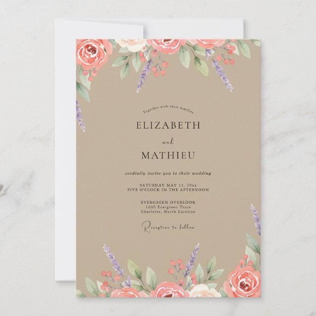 Invitación Boda de Coral Peonía con Rubor Taupe (Anverso)