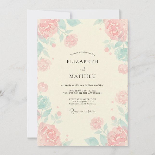 Invitación Boda de Coral Peonía con Toque de Menta (Anverso)