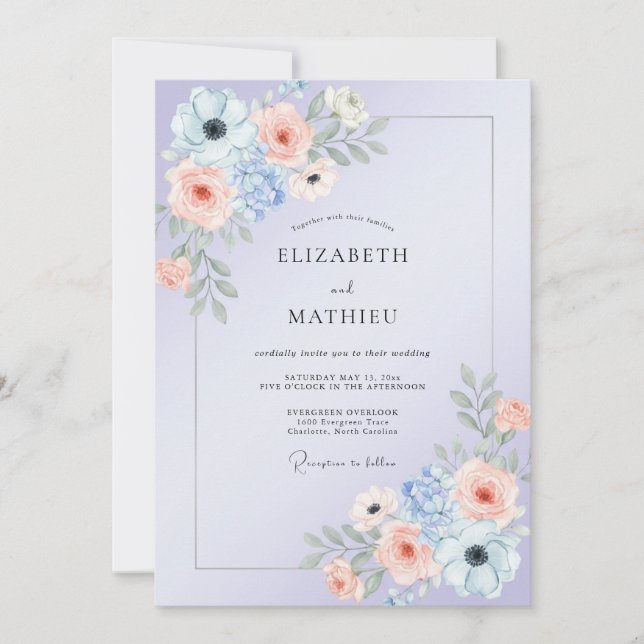 Invitación Boda de Coral Peonía Lila Suave (Anverso)