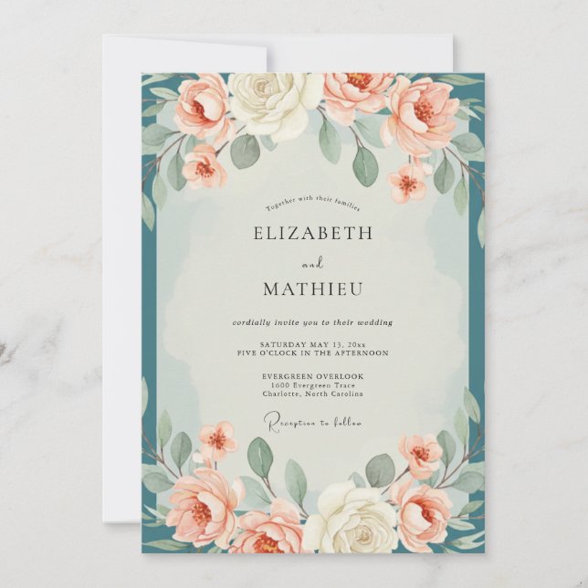 Invitación Boda de Coral Petrol Eucalipto (Anverso)