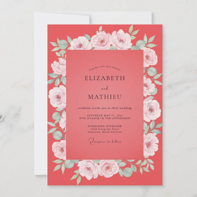 Invitación Boda de Coral Pintada con Hojas (Anverso)