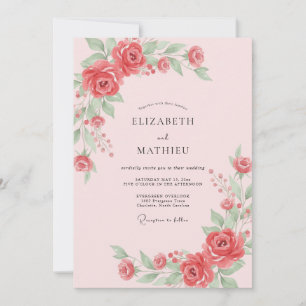 Invitación Boda de Coral Polvoriento con Follaje Pintado