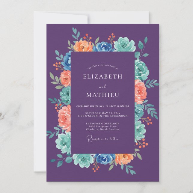 Invitación Boda de Coral Ranunculus Eucalipto Amatista (Anverso)