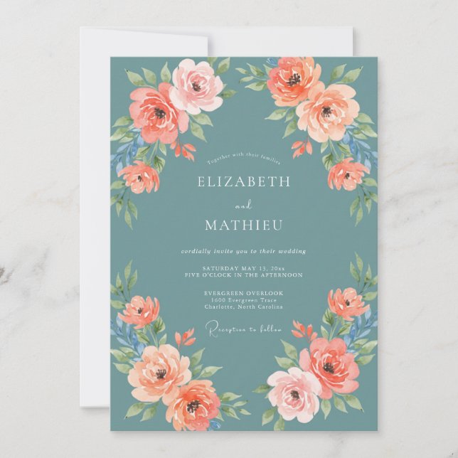 Invitación Boda de Coral Ranunculus Eucalipto Pizarra (Anverso)