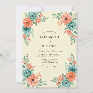 Invitación Boda de Coral Ranunculus Teal Dusty Eucalyptus