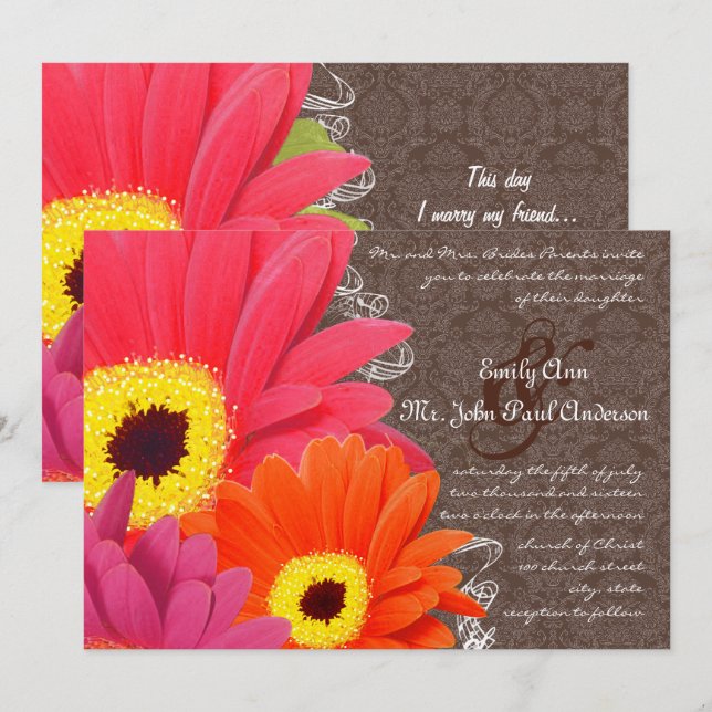 Invitación Boda de Coral Romántico y Fuchsia Gerber Daisy (Anverso / Reverso)