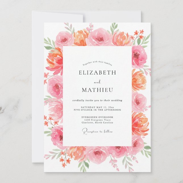 Invitación Boda de Coral Salmón Peonía (Anverso)