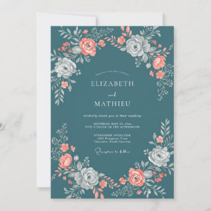 Invitación Boda de Coral Slate Ranunculus Eucalipto Silenciad