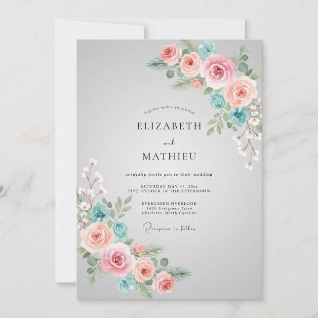 Invitación Boda de Coral Suave Aqua Peonía (Anverso)