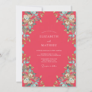 Invitación Boda de Coral Suave Pétalo Aqua