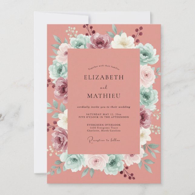 Invitación Boda de Coral Suave Polvoriento Peonía (Anverso)