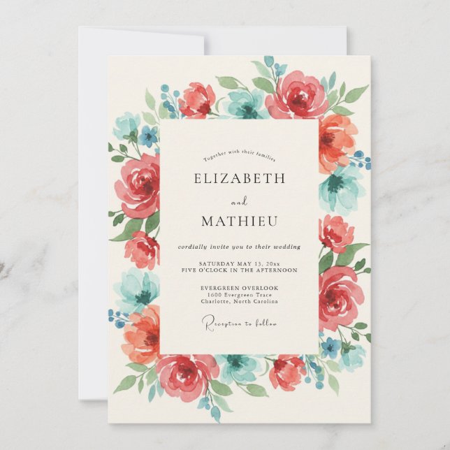 Invitación Boda de Coral Teal Ranunculus Eucalipto (Anverso)
