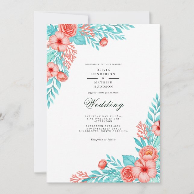 Invitación Boda de Coral Turquesa Floral Delight (Anverso)