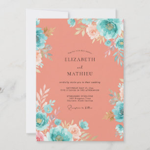 Invitación Boda de Coral Turquesa Muteda Peonía