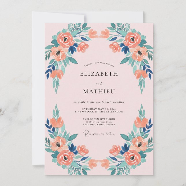 Invitación Boda de Coral Turquesa Peonía (Anverso)
