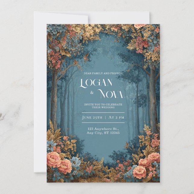 Invitación Boda de coral vibrante y Verde azulado encantado (Anverso)