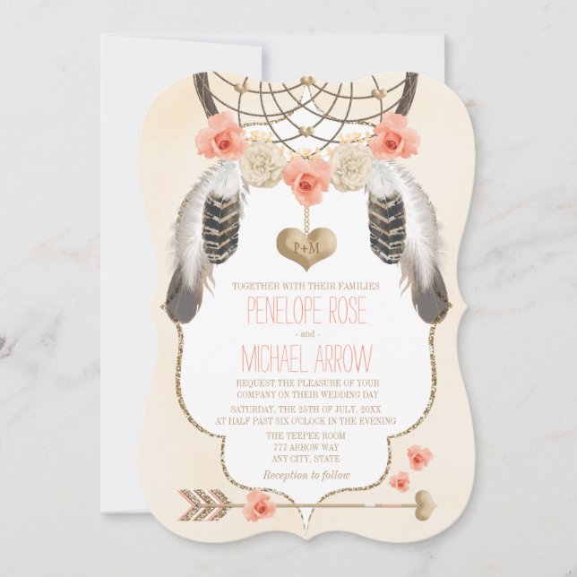 Invitación Boda de Coral y Gold Dreamcatcher (Anverso)