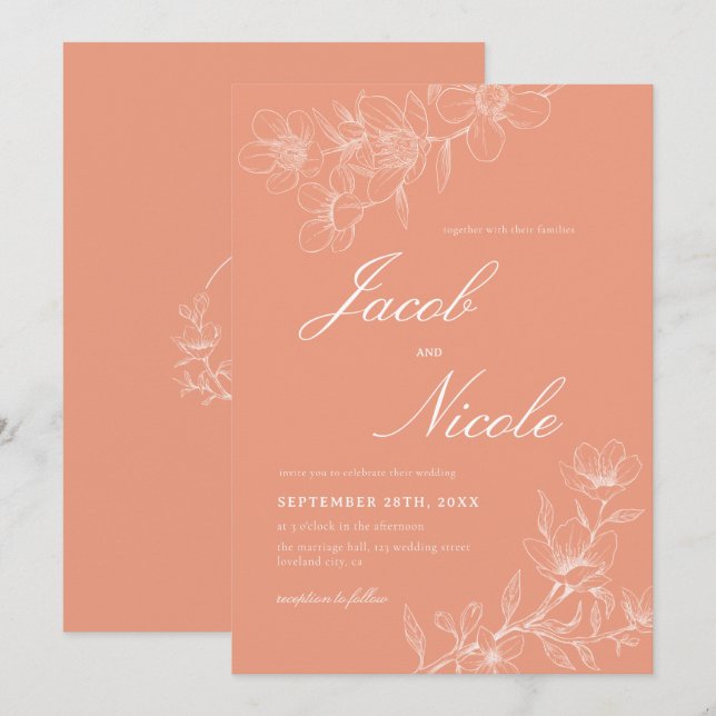 Invitación Boda de corales de escritura floral boho simple (Anverso / Reverso)