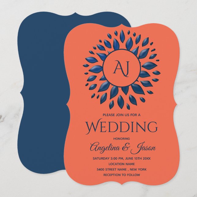 Invitación Boda de corales y monograma elegante (Anverso / Reverso)