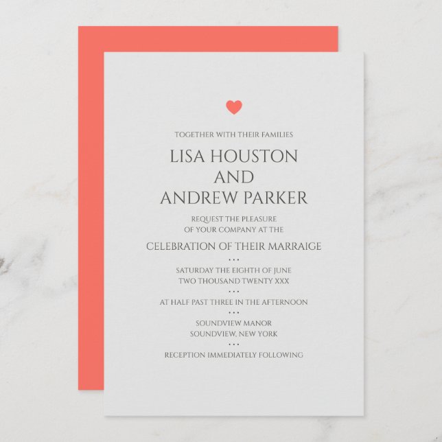 Invitación Boda de Corazón de Coral (Anverso / Reverso)
