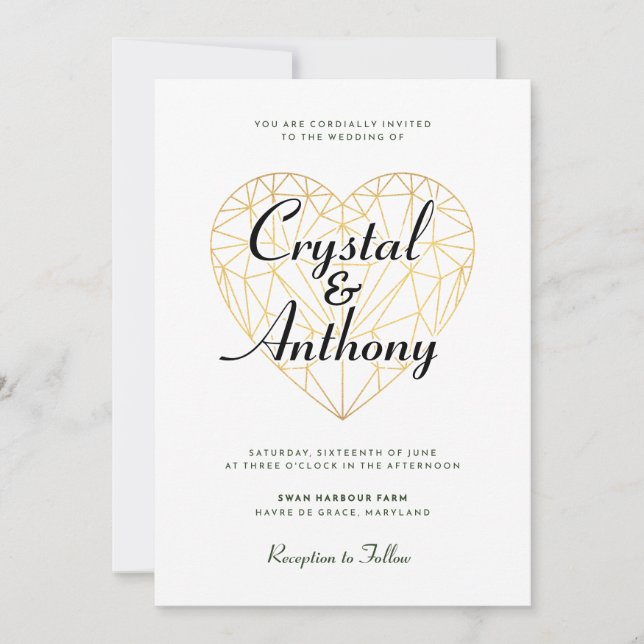 Invitación Boda de Corazón de Cristal Art Deco Script (Anverso)