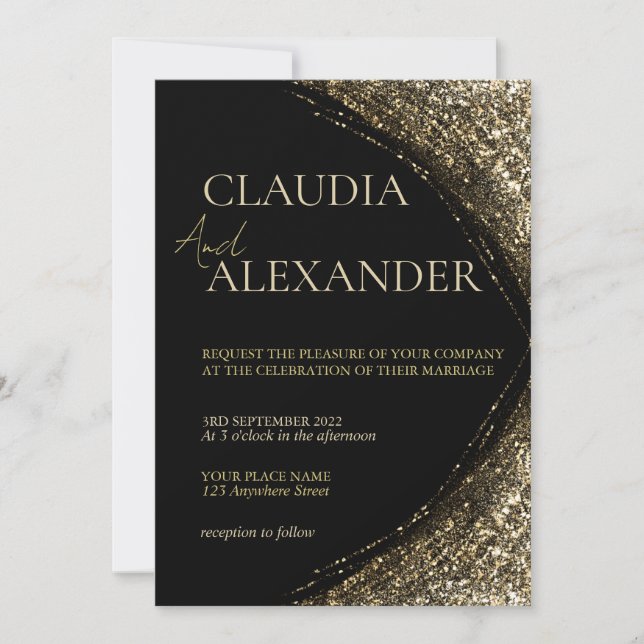 Invitación Boda de Corazón de Lujo Negro y Dorado (Anverso)