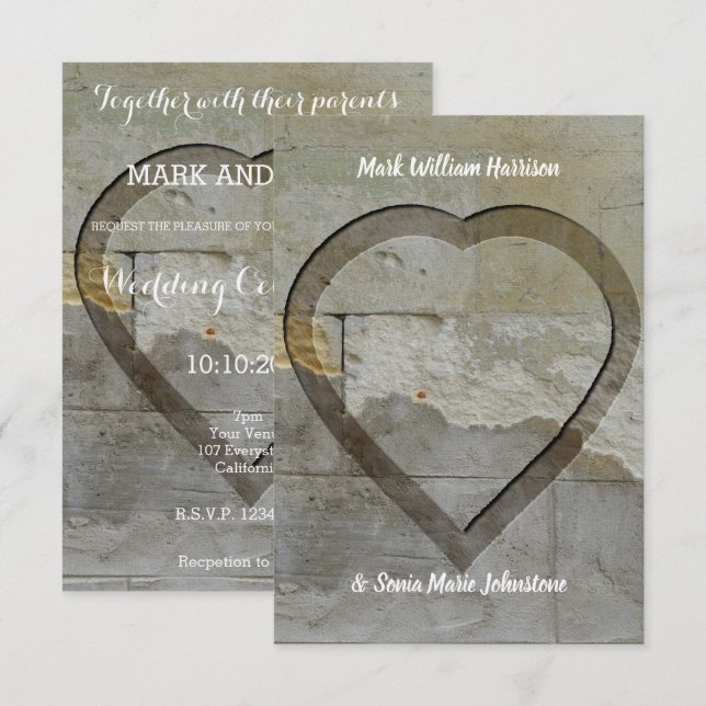 Invitación Boda de corazón de pared de piedra (Anverso / Reverso)