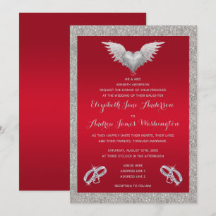 Invitación Boda de corazón de pluma y anillos brillantes de c