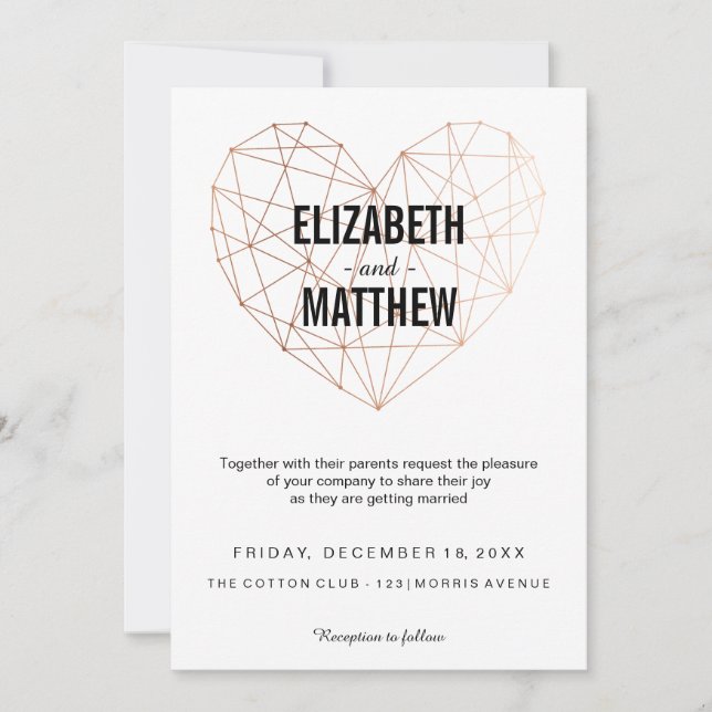 Invitación Boda de corazón geométrico rosa moderno (Anverso)