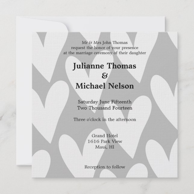 Invitación Boda de corazón gris y blanco (Anverso)