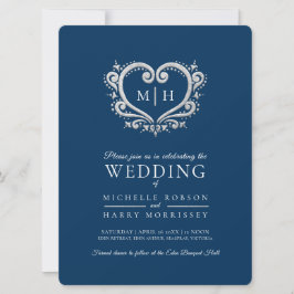 Invitación Boda de corazón plateado azul oscuro y blanco
