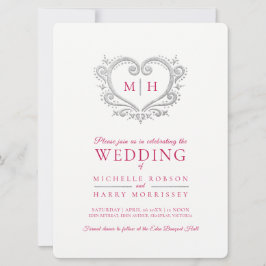 Invitación Boda de corazón plateado berry rojo y blanco