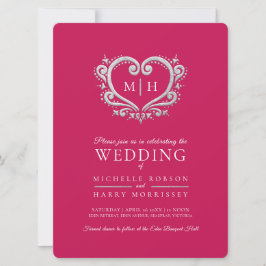 Invitación Boda de corazón plateado berry rojo y blanco