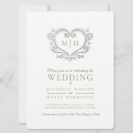 Invitación Boda de corazón plateado helecho verde y blanco