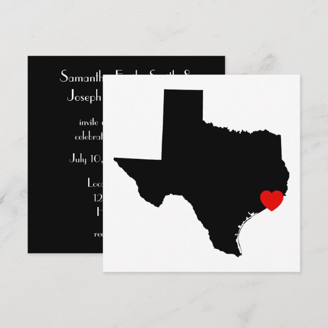 Invitación Boda de corazón rojo Texas blanco y negro (Anverso / Reverso)
