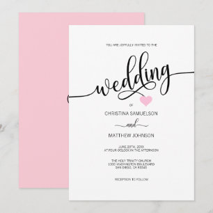 Invitación Boda de corazón rosado blanco negro y moderno