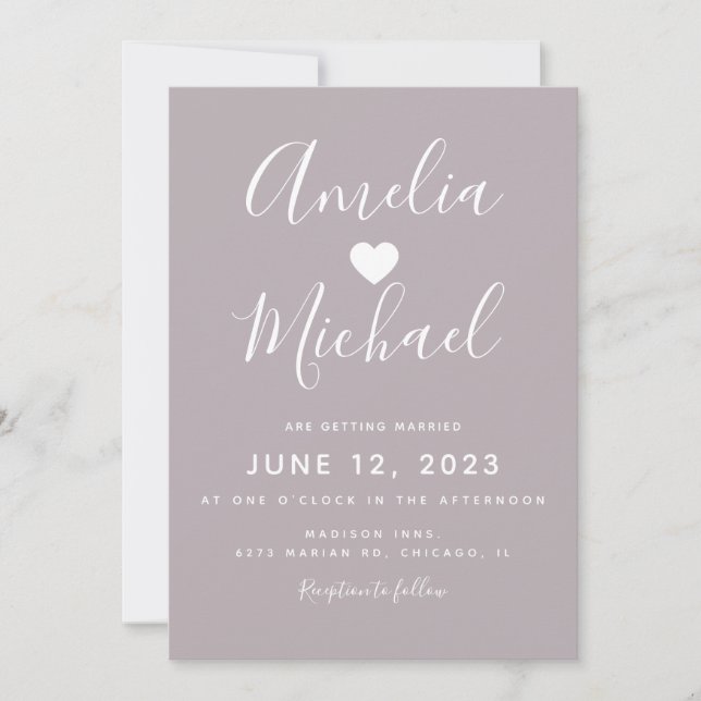 Invitación Boda de Corazón Simple Púrpura Muda Moderna (Anverso)