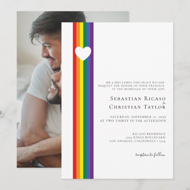 Invitación Boda de corazón y gay arcoiris (Anverso / Reverso)