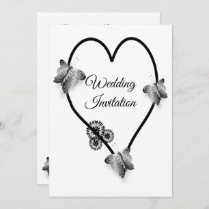 Invitación Boda De Corazón Y Mariposas Negro Y Blanco