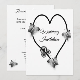 Invitación Boda De Corazón Y Mariposas Negro Y Blanco