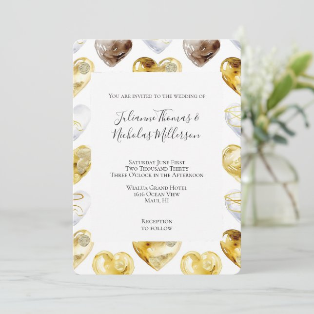 Invitación Boda de Corazones Blancas de Oro Chocolate (Anverso de pie)