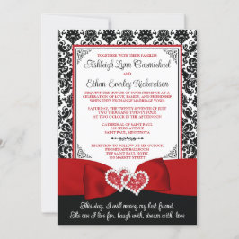 Invitación Boda de Corazones de Amor de Damasco Rojo y Negro